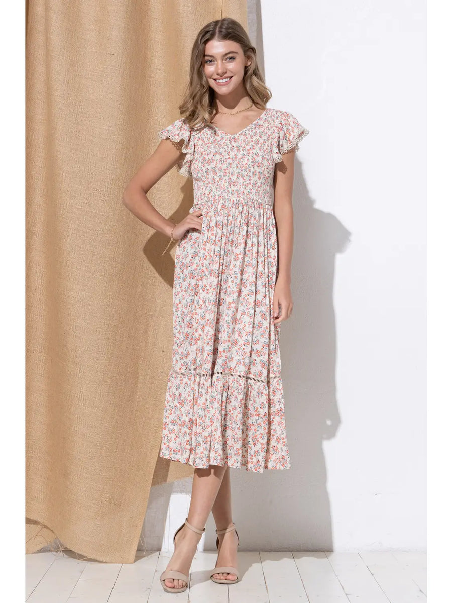 Ditsy Floral Midi Dress in Blossom Red