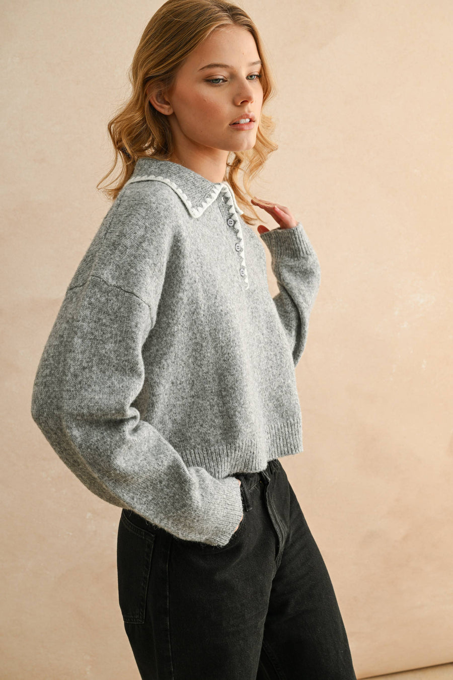 Stitch Detail Collared Pullover Sweater Top