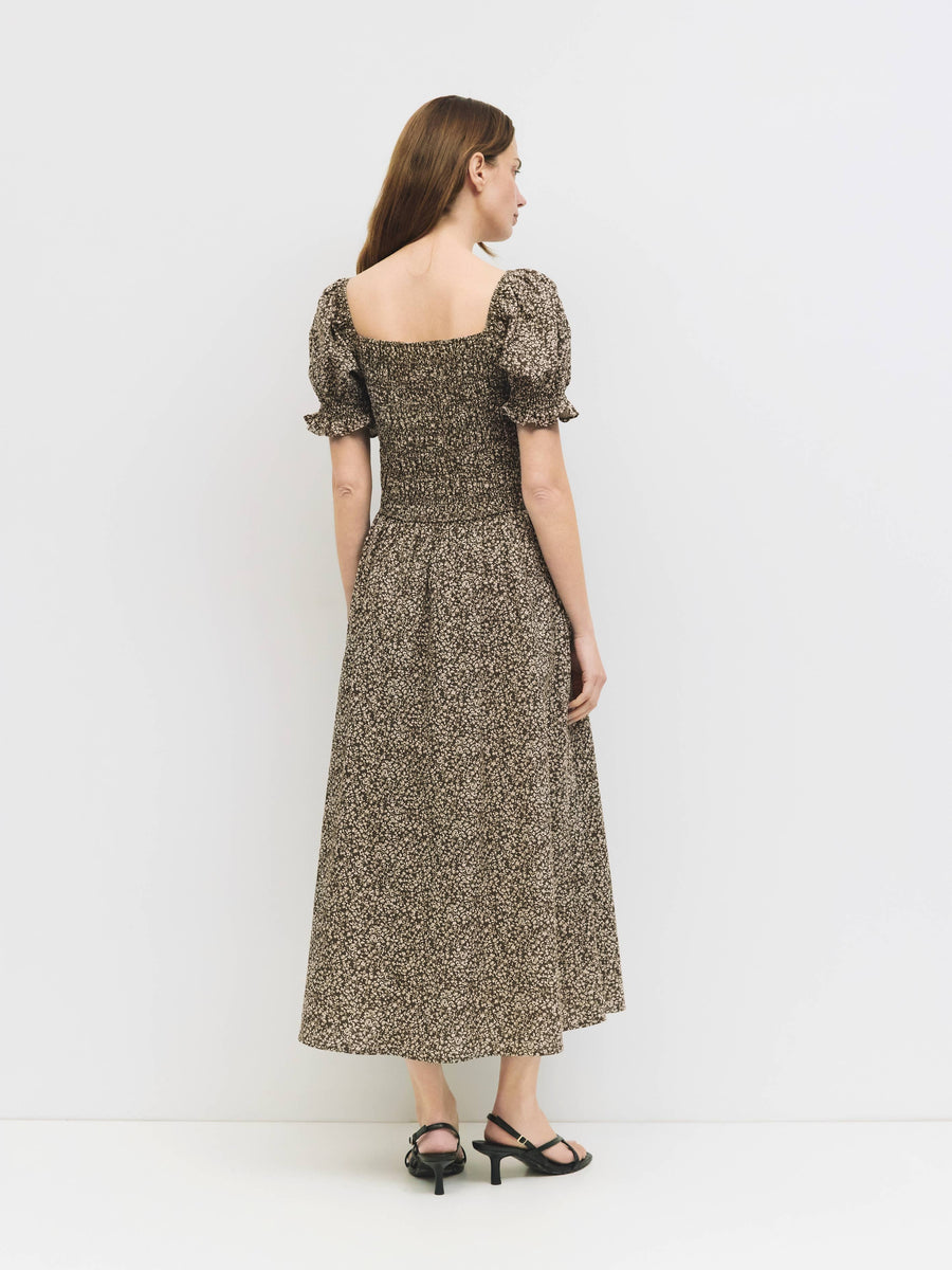 The Harleen Dress | Smocked Floral Midi Dress by All Row