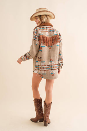 Jacquard Western Shirt Jacket in Taupe and Teal