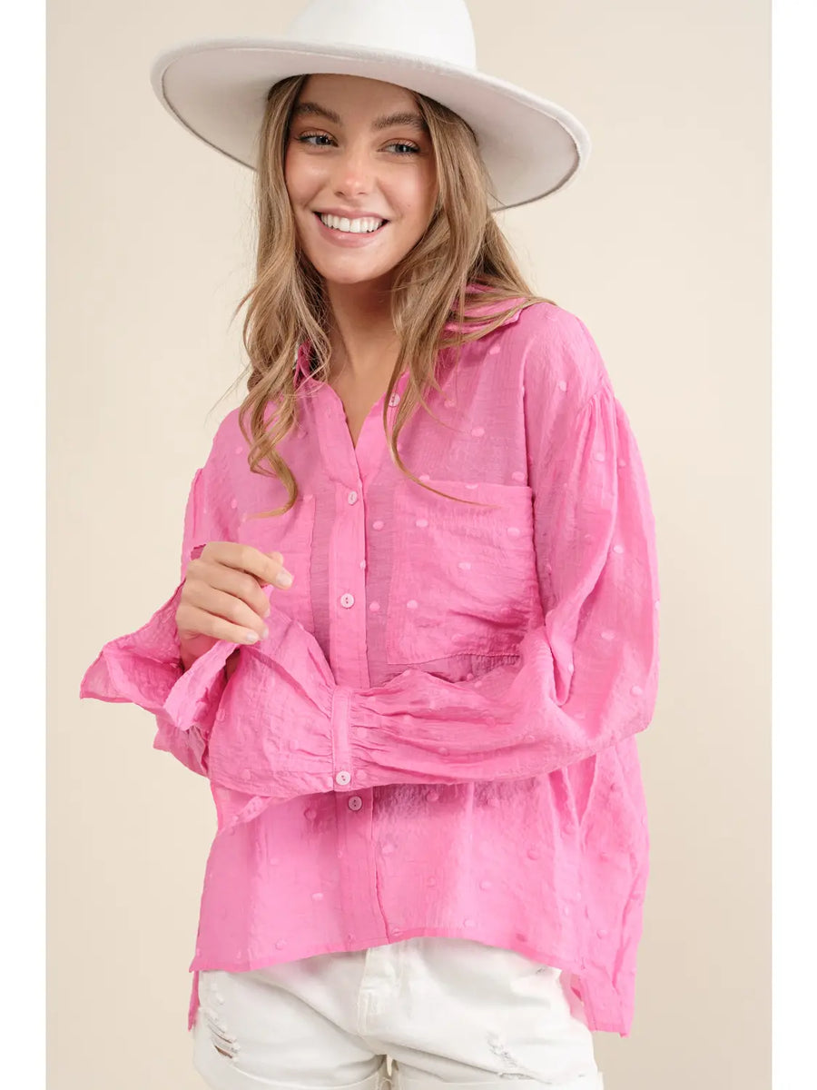 Ruffle Button Up Shirt in Hot Pink