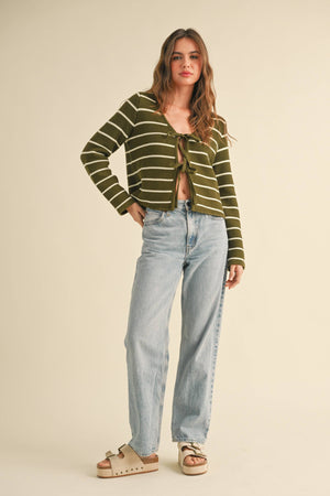 Striped Tied Front Cardigan in Olive and White