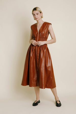 Vegan Leather Smocked Midi Dress