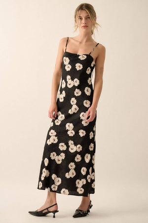 Floral Woven Self-Tie Maxi Dress in Black