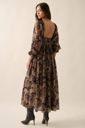 Floral Smocked Three-Quarter Sleeve Maxi Dress