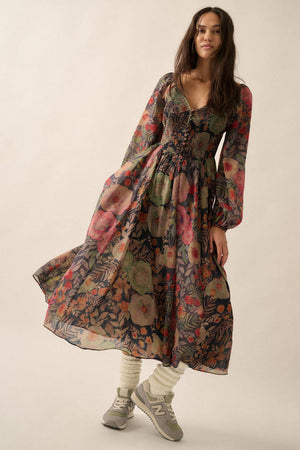 Floral Smocked Button-Front Peasant Maxi Dress in Black