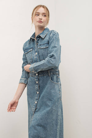 Denim Lapel Collar Maxi Dress by Aaron & Amber