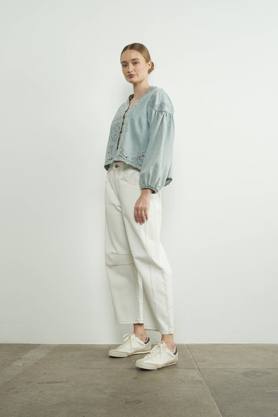 Denim Embroidery Volume Sleeve Blouse Top by Aaron & Amber