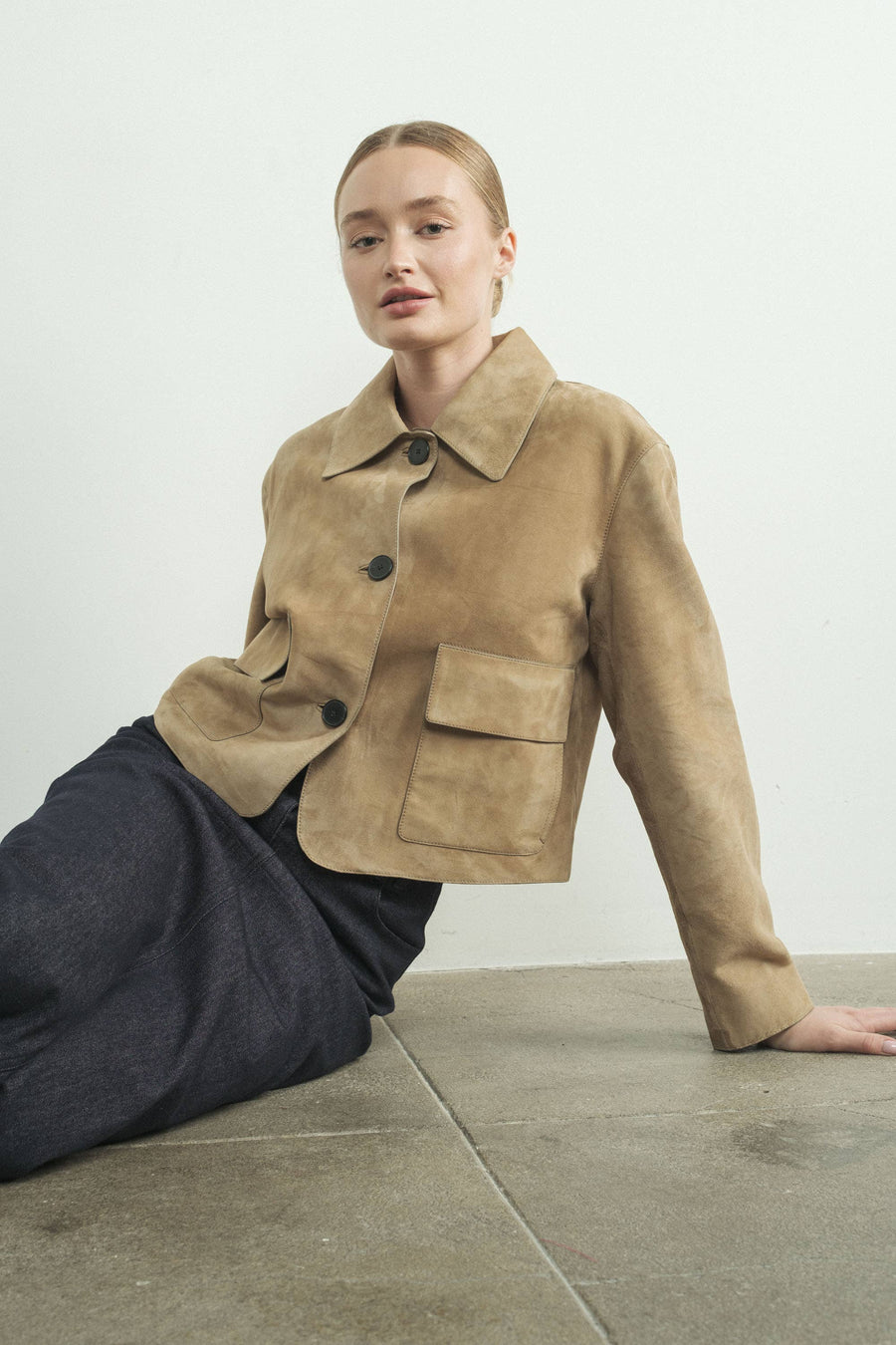 Faux Suede Collared Short Jacket by Aaron & Amber