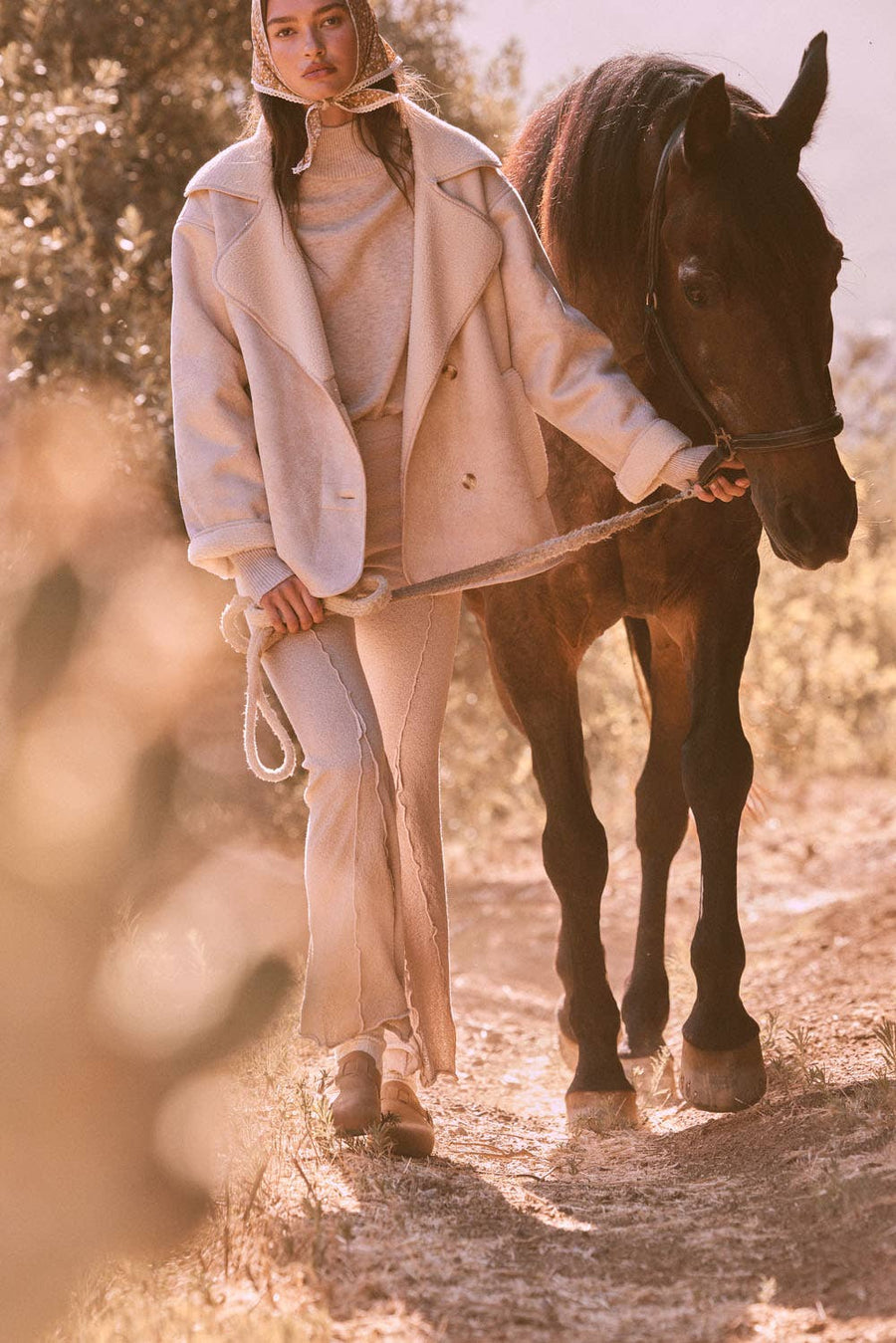 Faux Shearling Lapel-Collar Two-Button Jacket in Coconut Milk