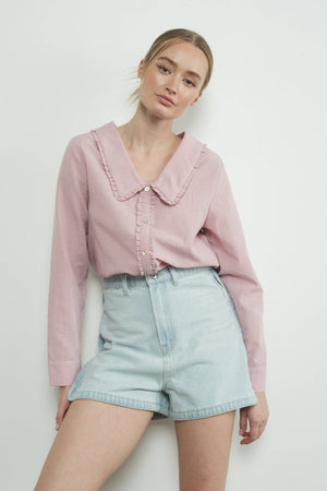 Checked Ruffle Edge Collar Buttondown Blouse by Aaron & Amber