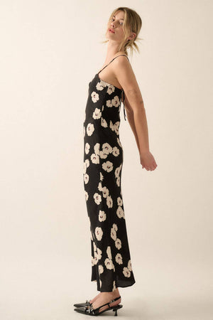 Floral Woven Self-Tie Maxi Dress in Black