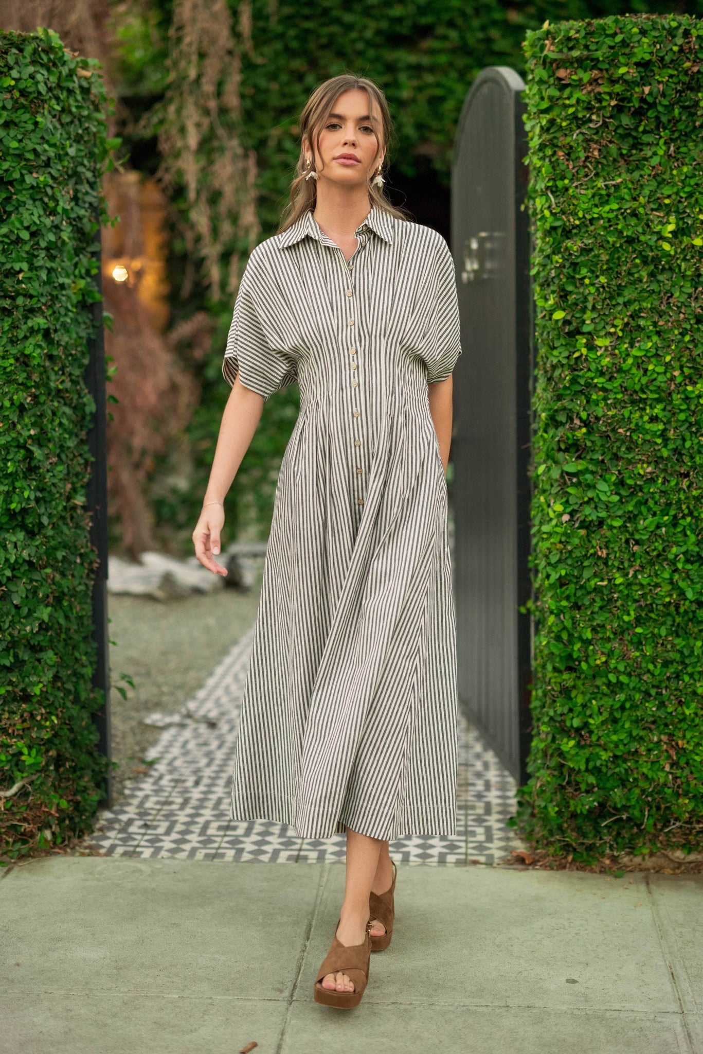 Striped Buttondown Shirt Dress Navy Stripe / Large