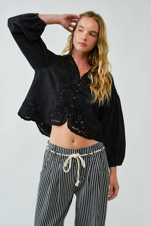 Denim Embroidery Volume Sleeve Blouse Top by Aaron & Amber