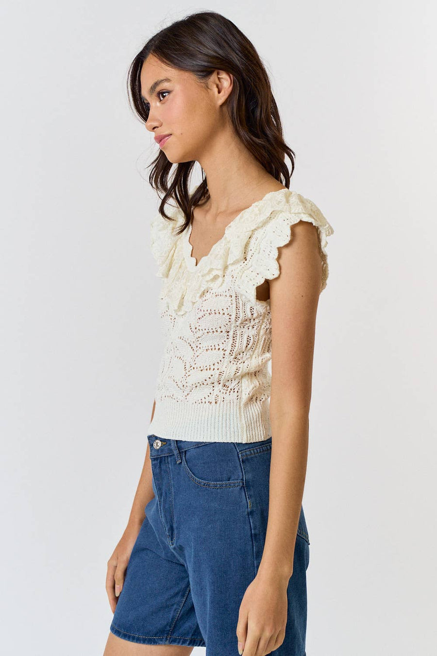 Crochet Top with Ruffled Neckline by Lalavon
