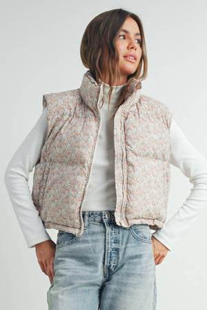 Floral High Neck Puffer Vest