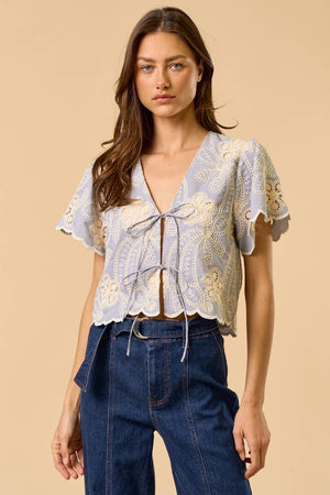 Floral Embroidery Scalloped Trim Top