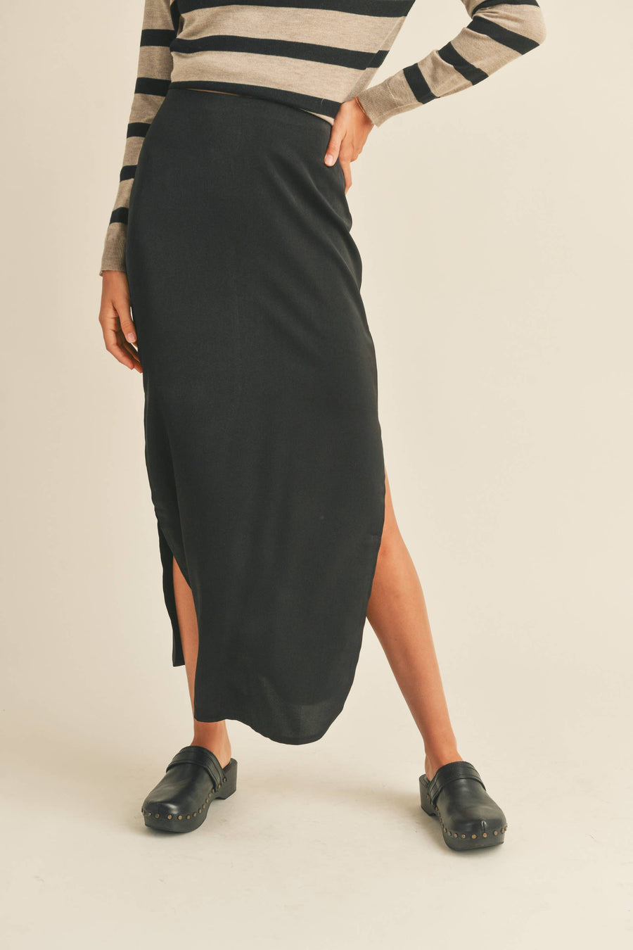 Satin Side Slit Skirt in Black