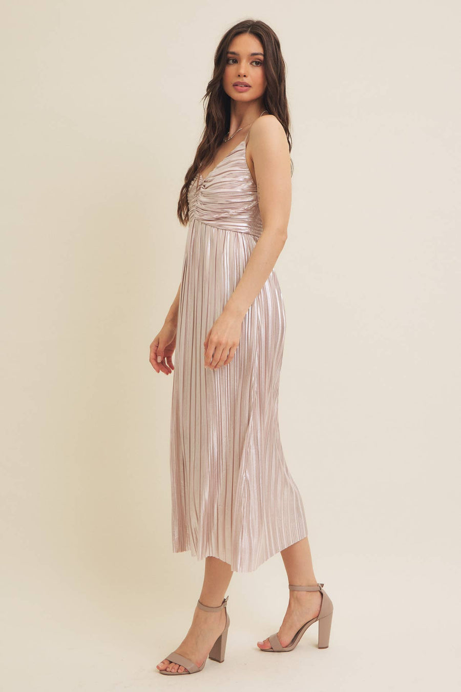 Shiny Metallic Pleated Midi Dress with Smocked Back