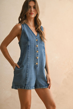 Button Front Sleeveless Denim Romper