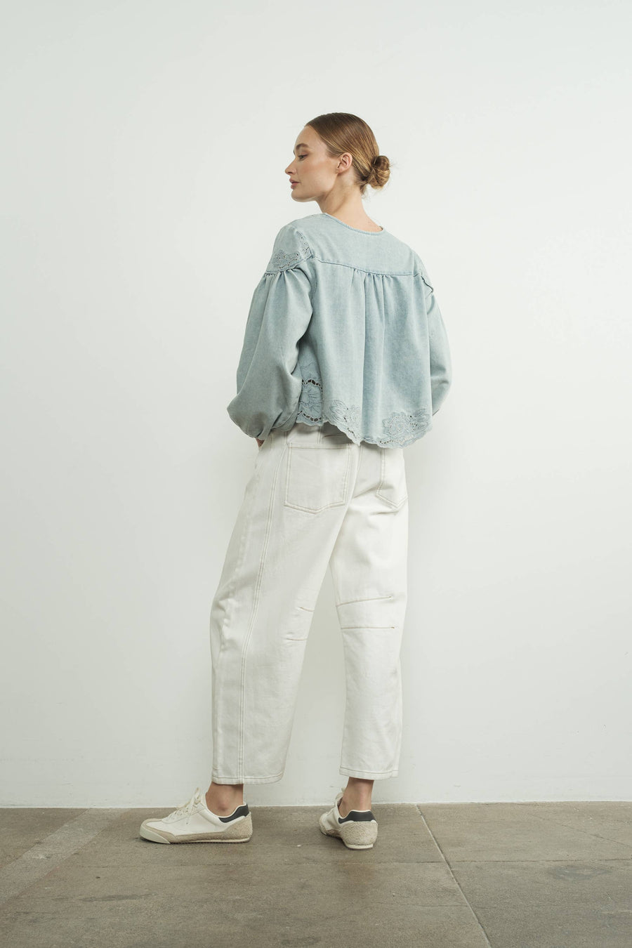 Denim Embroidery Volume Sleeve Blouse Top by Aaron & Amber