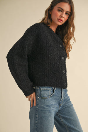 Round-neck Button Front Sweater Cardigan in Black