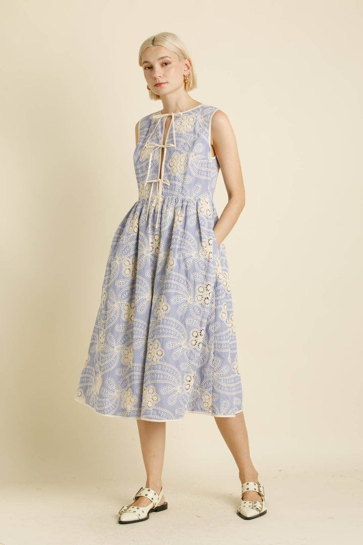 Embroidered Striped Midi Dress