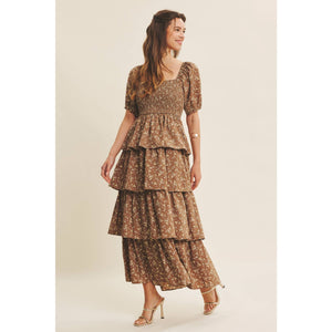 Victorian Floral Smocked Maxi Dress with Puff Sleeves and Ruffles