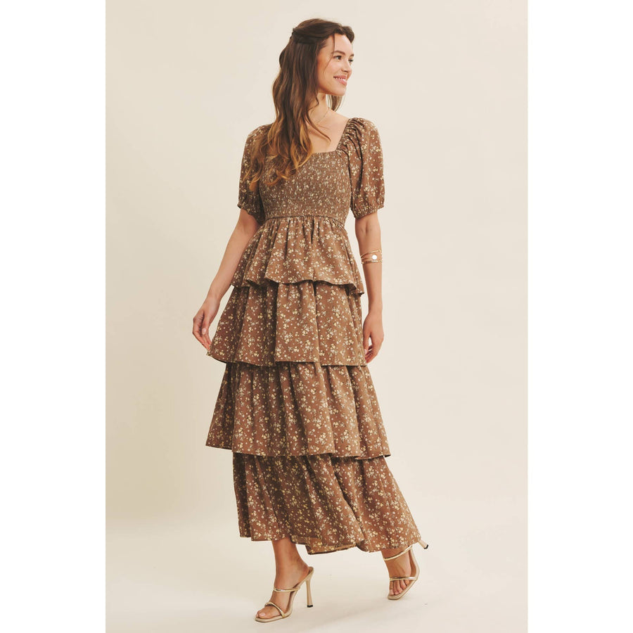 Victorian Floral Smocked Maxi Dress with Puff Sleeves and Ruffles