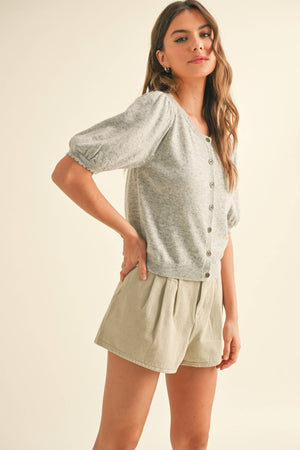 Puff Short Sleeve Button Down Knit Cardigan