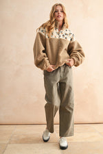 Half Zip Floral Print Contrast Sherpa Pullover
