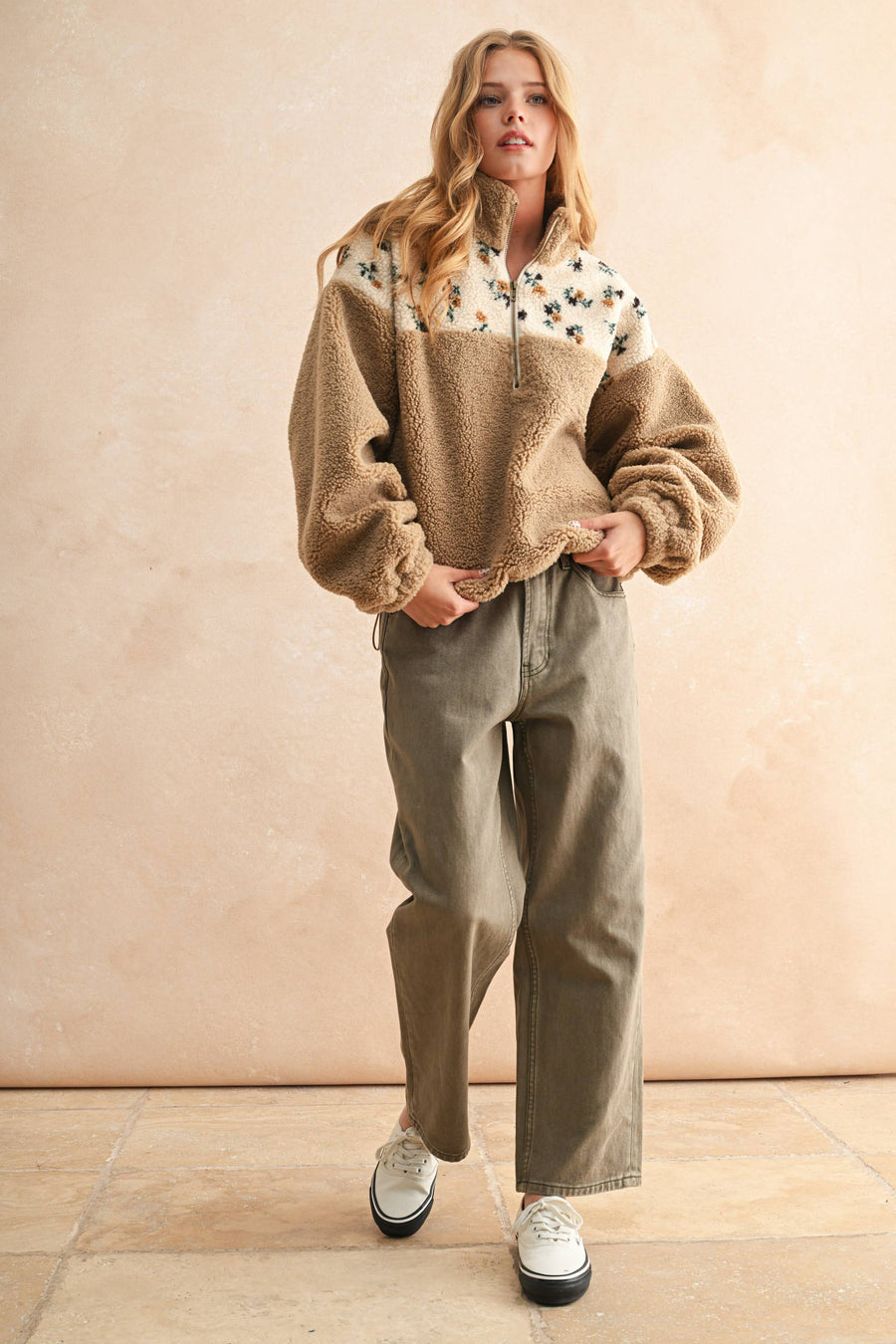 Half Zip Floral Print Contrast Sherpa Pullover
