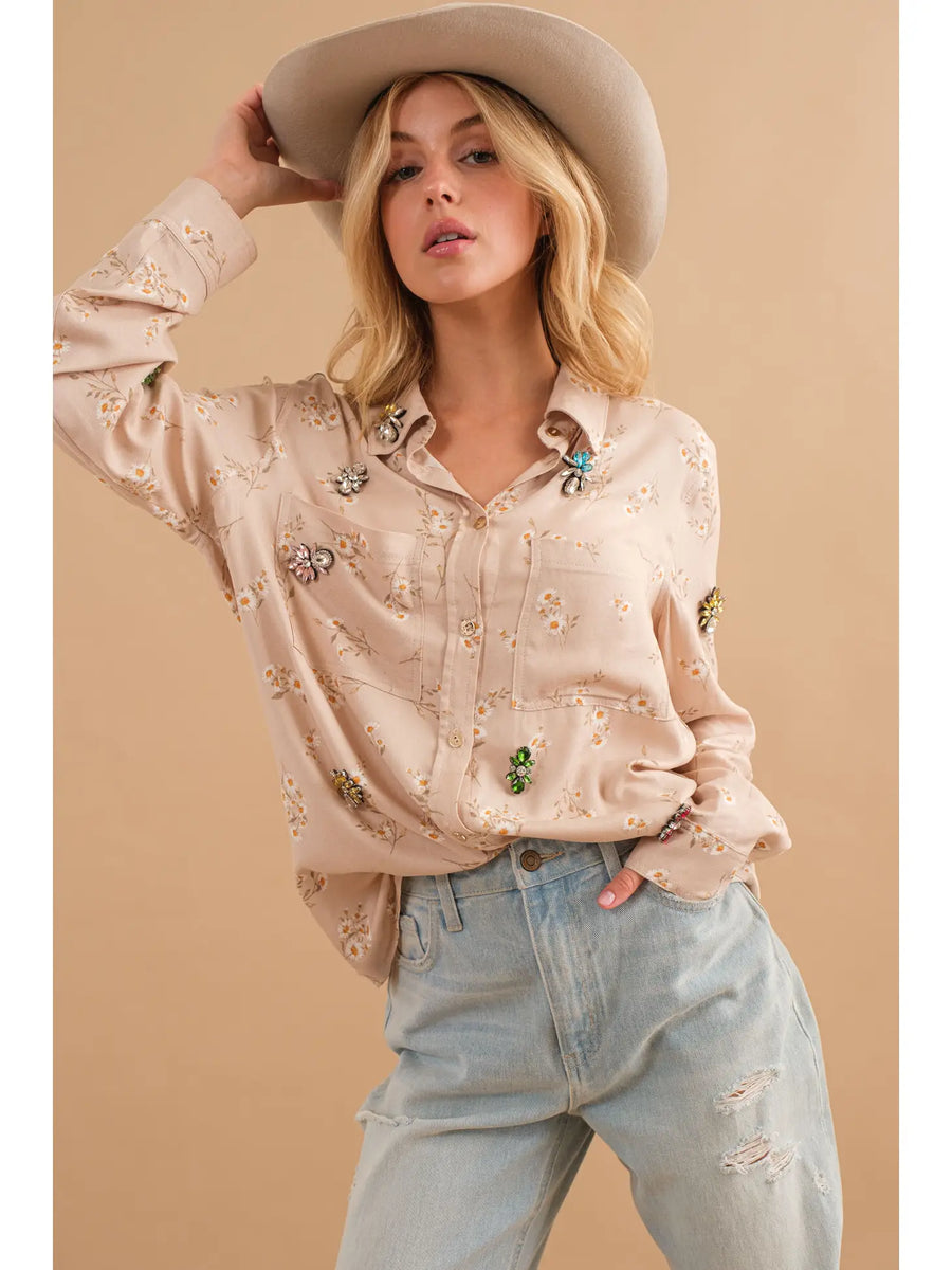 Floral Button Up Jeweled Shirt in Taupe