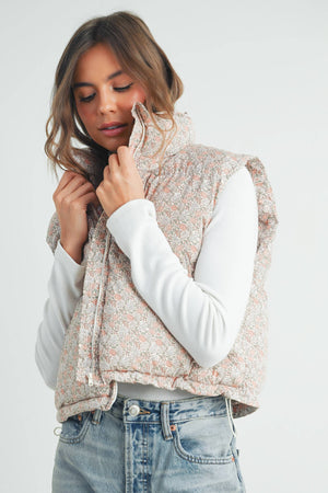 Floral High Neck Puffer Vest