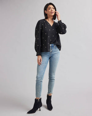Dione Embroidered Long Sleeve Top in Black Beauty by Downeast