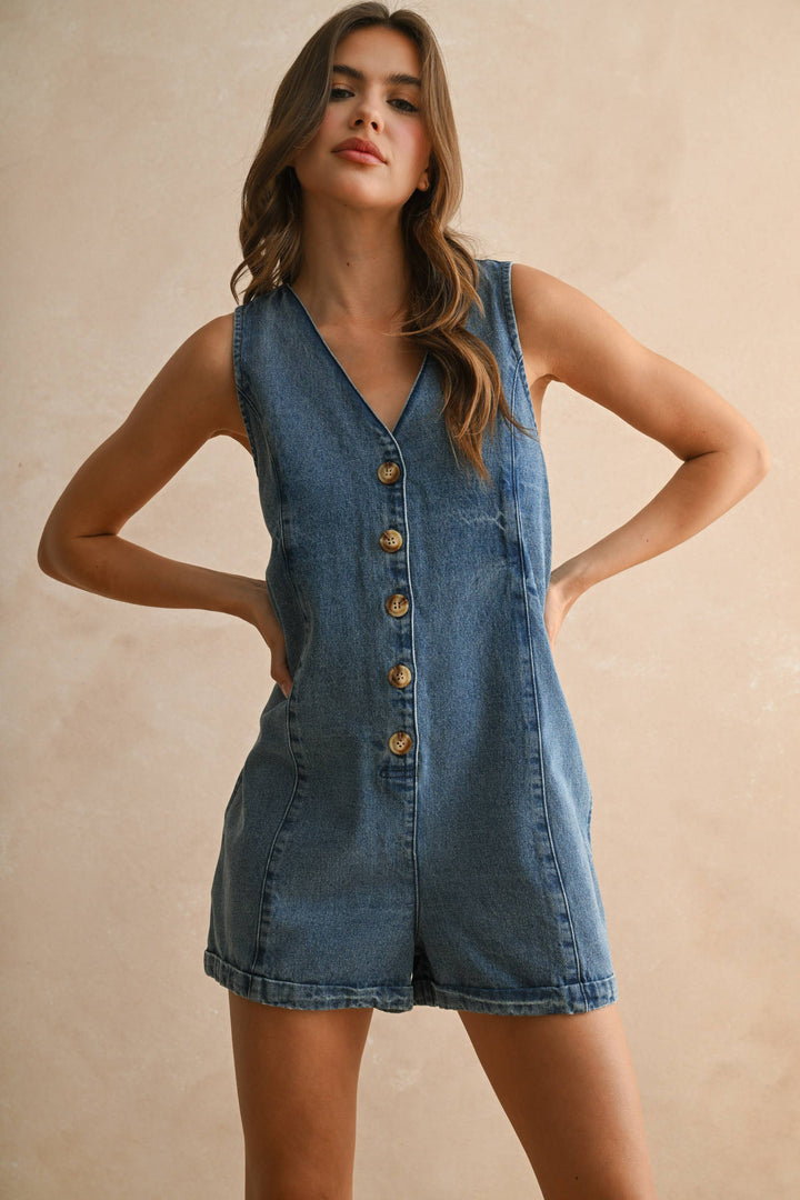 Button Front Sleeveless Denim Romper