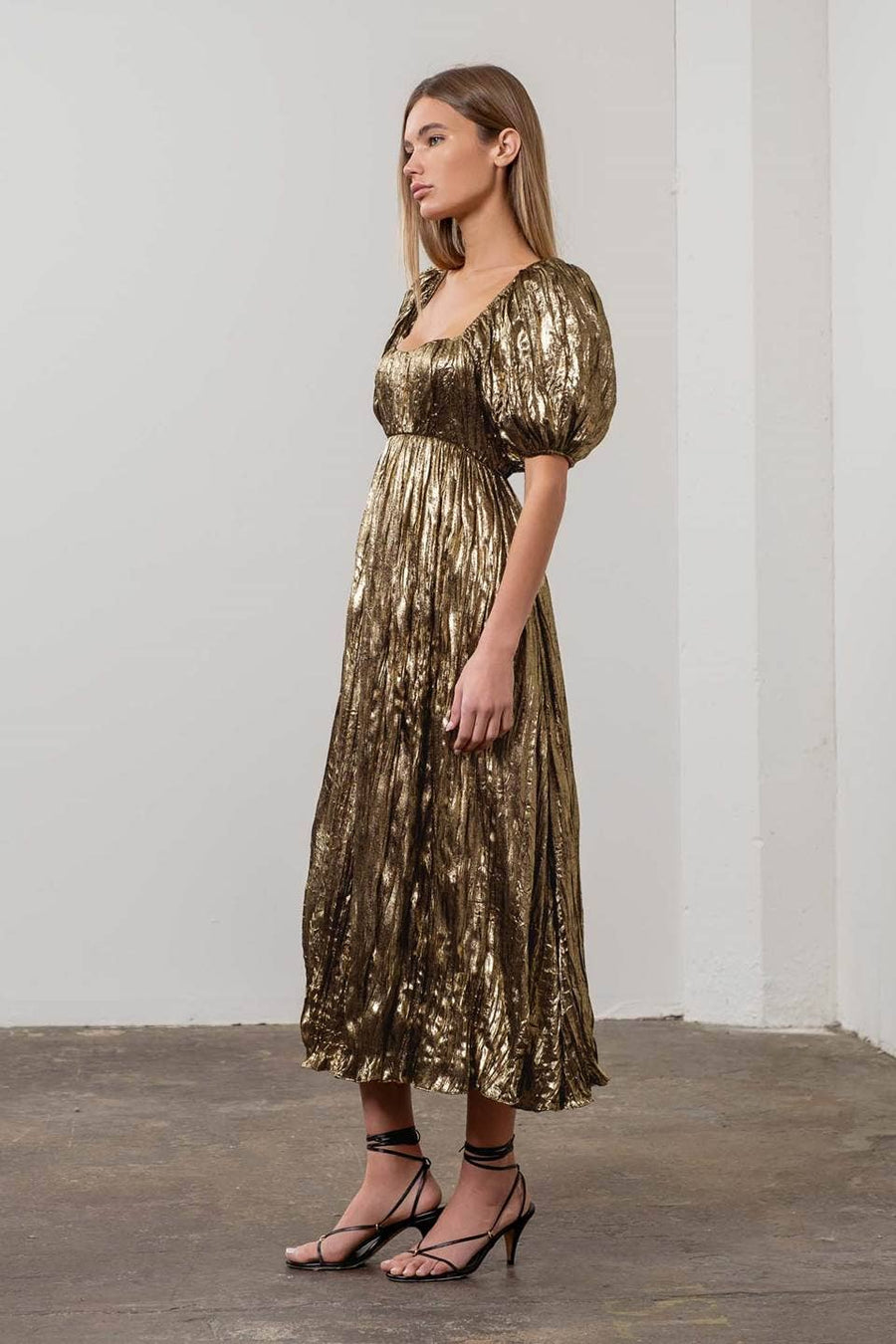 Puff Sleeve Gold Stud Maxi Dress