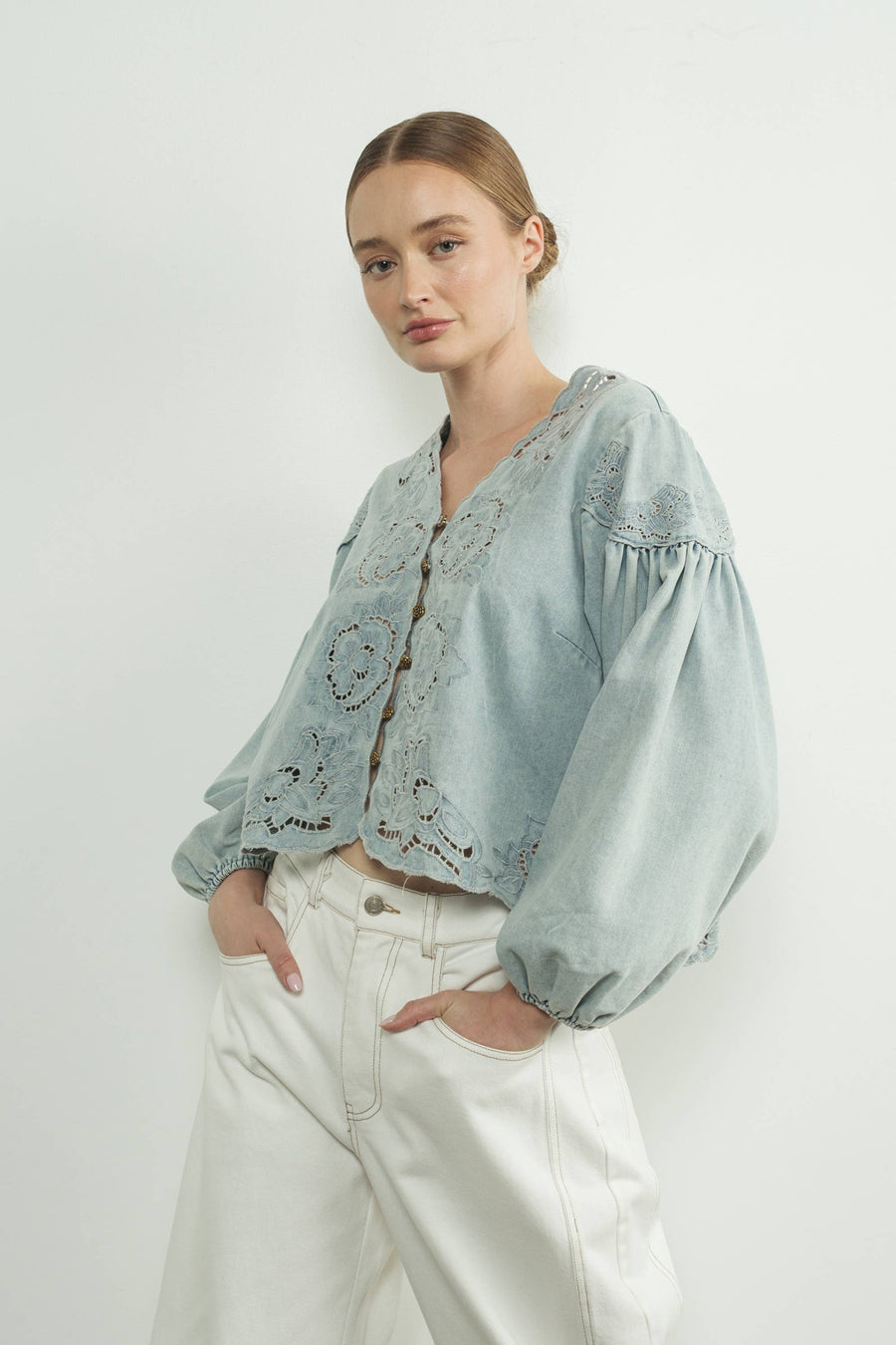 Denim Embroidery Volume Sleeve Blouse Top by Aaron & Amber