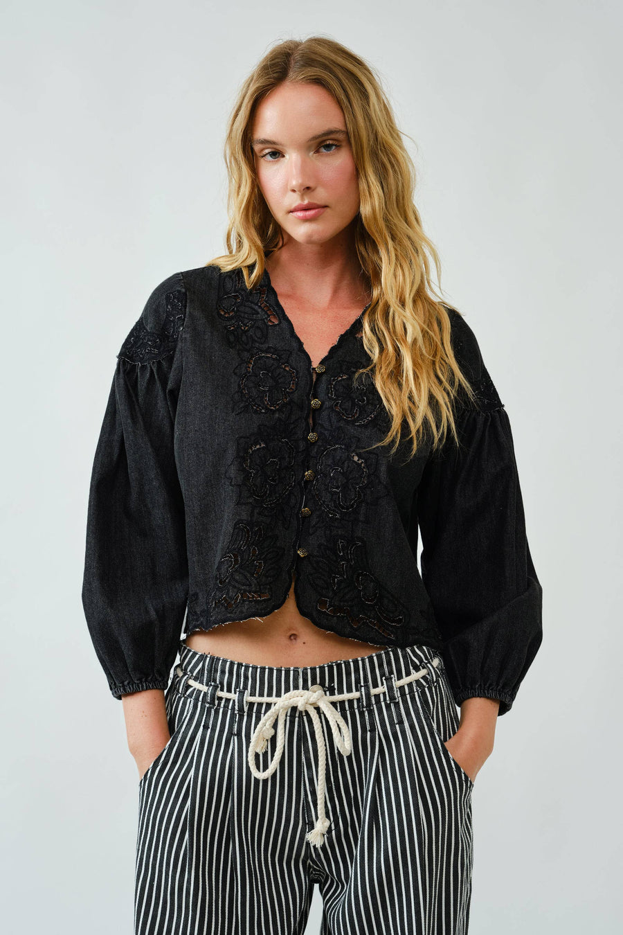 Denim Embroidery Volume Sleeve Blouse Top by Aaron & Amber
