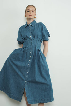 Button Front Pleated Shirts Midi Dress by Aaron & Amber