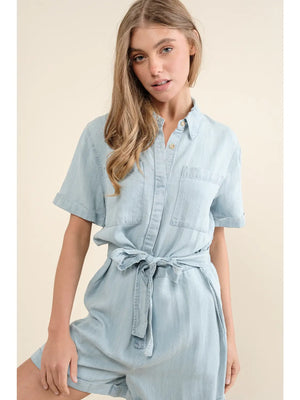 Washed Tencel Denim Romper in Light Denim