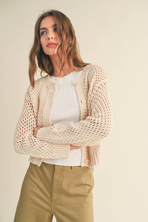 Crochet Knitted Button-down Cardigan in Beige