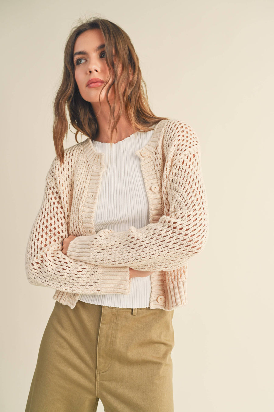 Crochet Knitted Button-down Cardigan in Beige