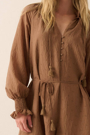 Solid Jacquard Belted Button-Front Romper in Taupe