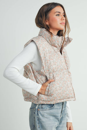 Floral High Neck Puffer Vest