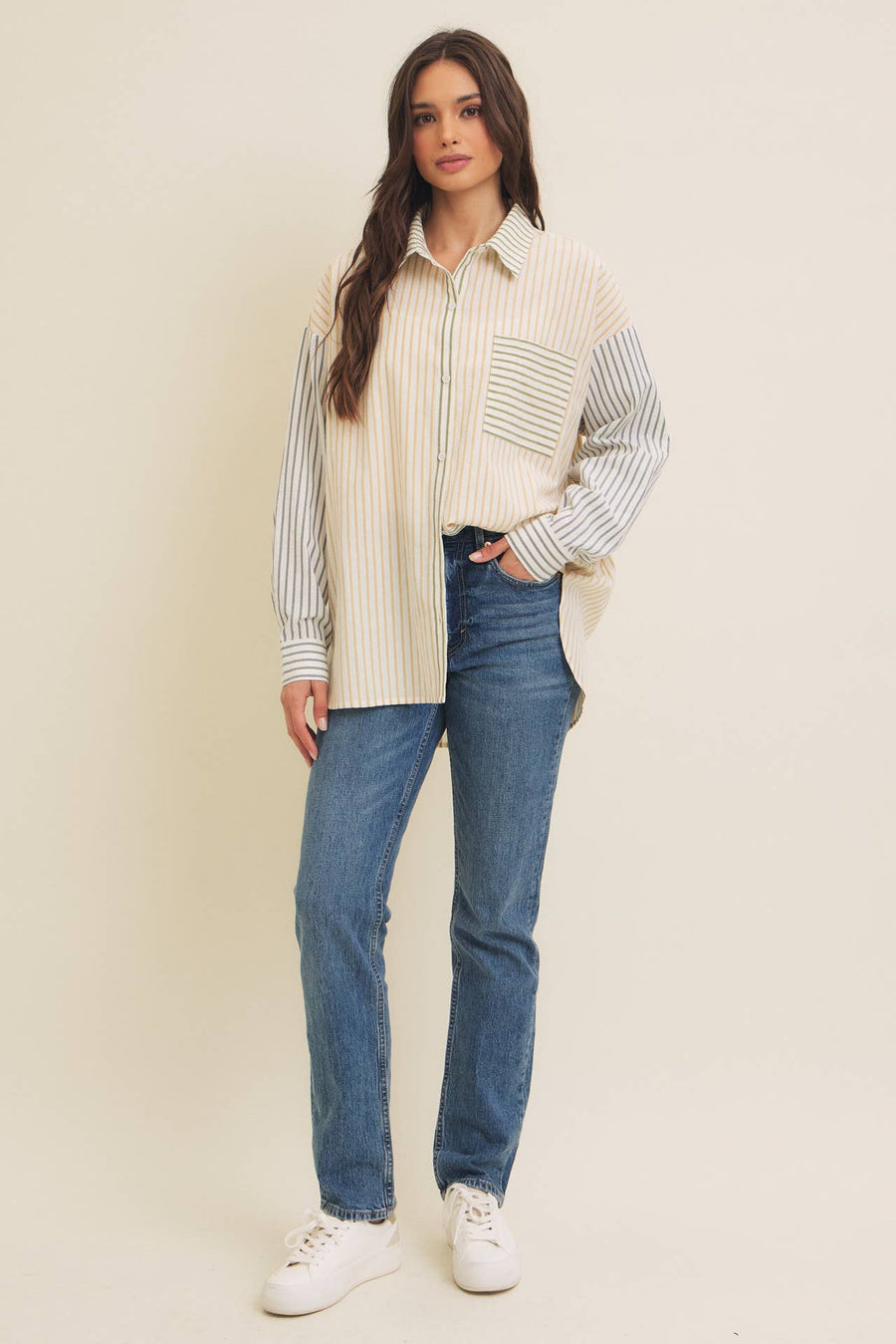 Relaxed Fit Hi Lo Color Block Mixed Stripe Button Down Shirt