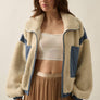 Sherpa Fleece and Denim Zip-Up Pocket Jacket