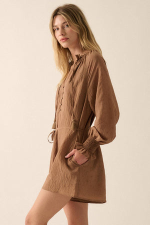 Solid Jacquard Belted Button-Front Romper in Taupe