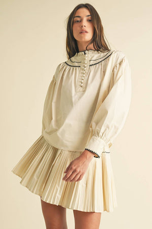 Pleated Embraided Cotton Mini Skirt