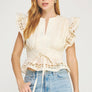 Eyelet Lace Trim Flutter Sleeve Peplum Top